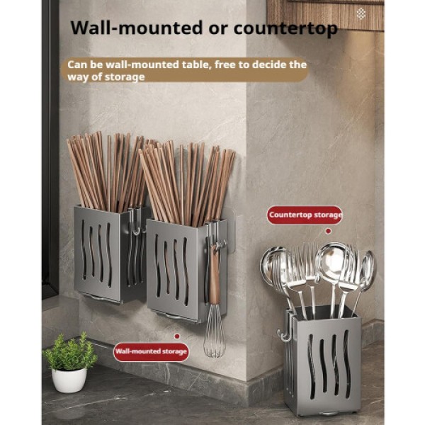 Utensil Rack with Hooks, Wall-Mounted ABS Kitchen Storage Organizer with Drip Tray, for Storing Spoons and Chopsticks, White, 1-Pack